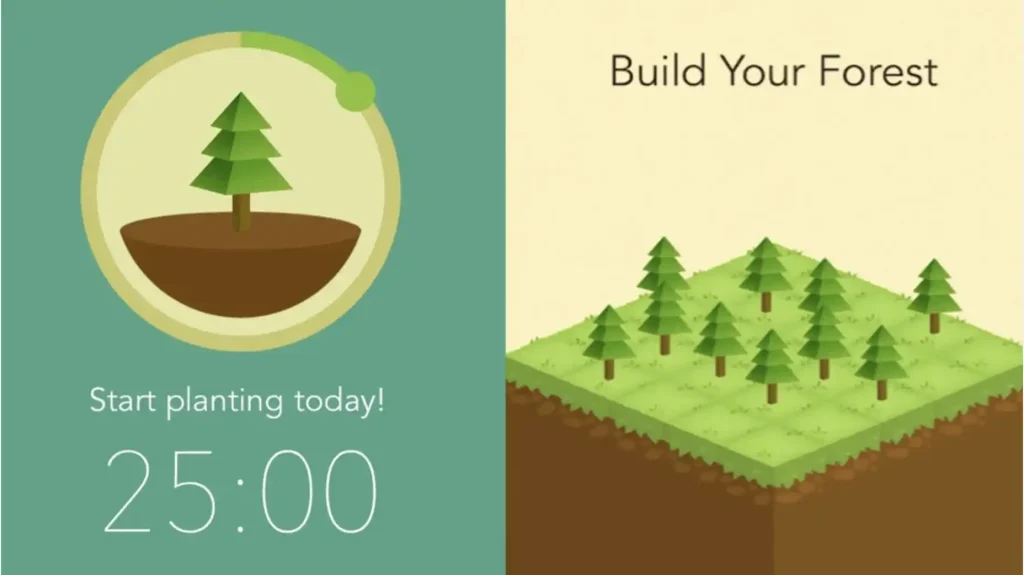 A screenshot of the Forest app showing a timer and a virtual forest-building feature.